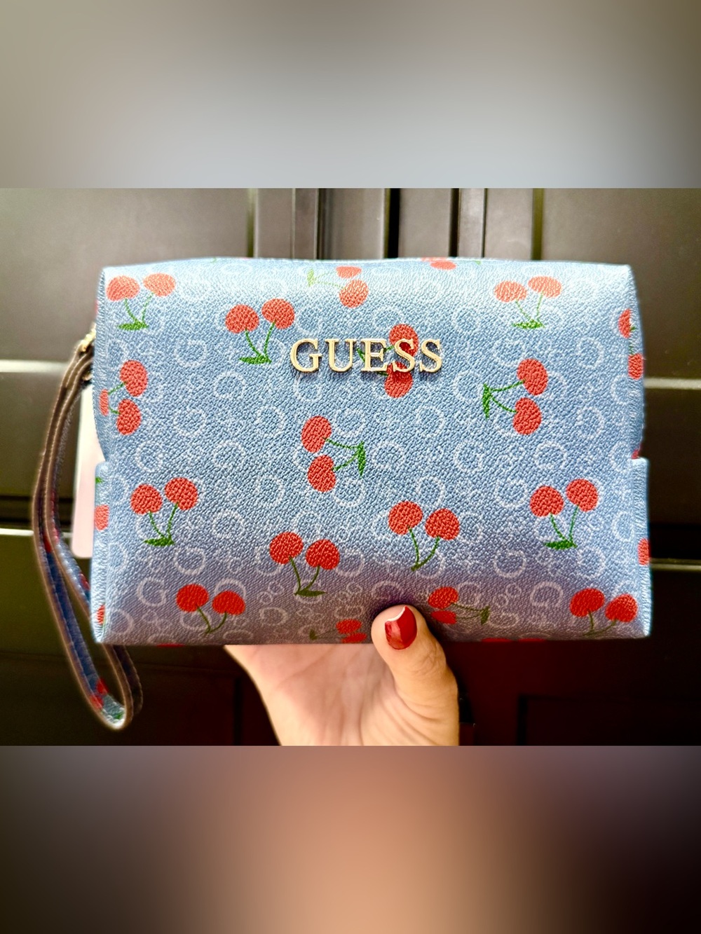 NWT Guess Light Blue Cherry Print Cosmetic bag with Gold Logo